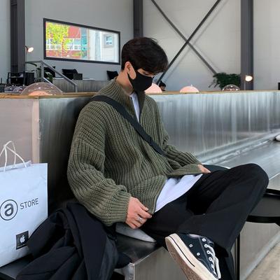 Korean Half-high Neck Zipper Knitted Cardigan for Men In Autumn Winter Korean Loose Lazy High-end Sweater Jacket Trendy