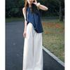 Korean Blue Sleeveless Top Women's Summer Design Sense Loose White Wide-leg Pants Two-piece Temperament Commuter Suit