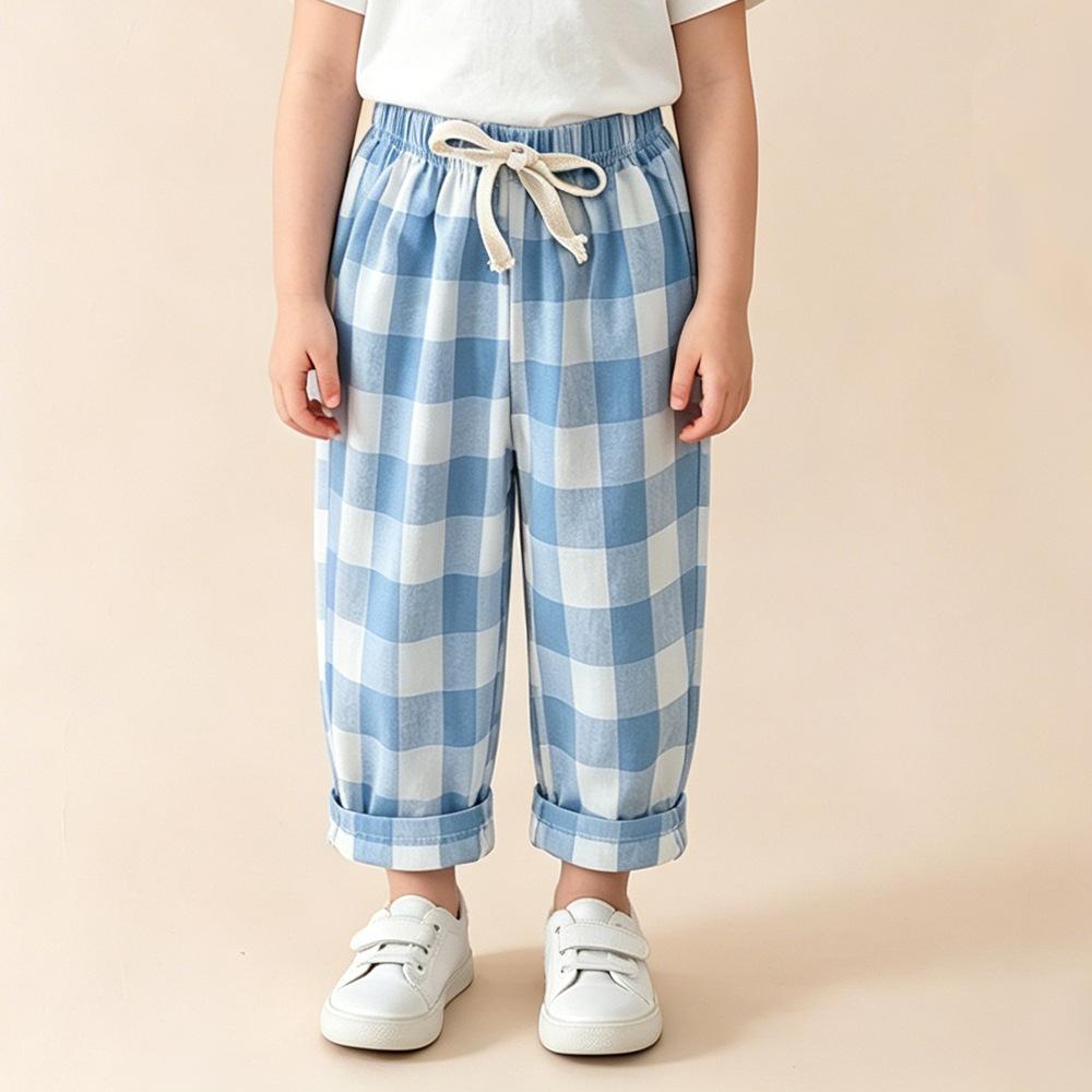 Children's Pant Spring Summer Vintage Casual Baggy Plaid Pants for Kids Girls Boys Trousers