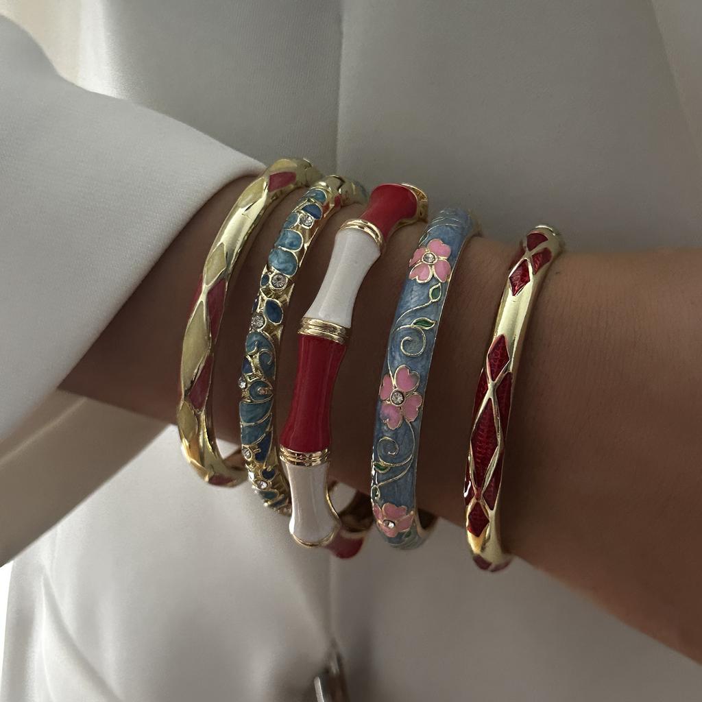 Boho Ethnic Style Multicolor Enamel Flower Zircon Bracelet For Women Gold Color Luxury Leaf Metal Texture Bangle Party Jewelry