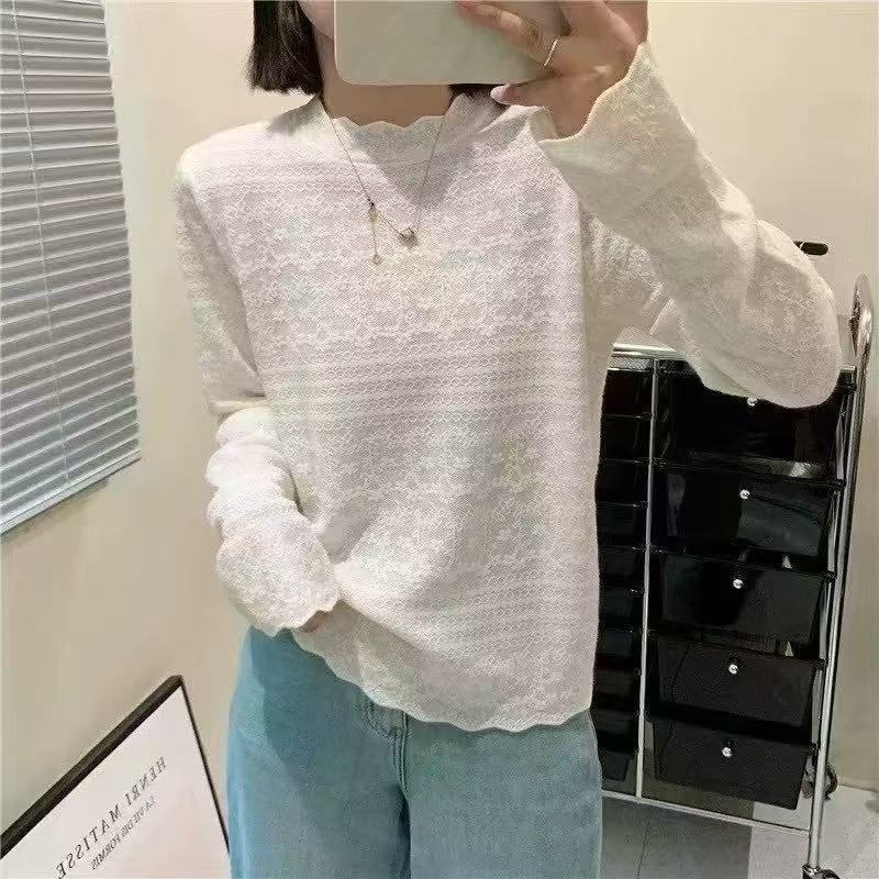 Lace semi-turtleneck knitted bottoming shirt for women's autumn and winter new versatile sweater bottoming jacquard top for women