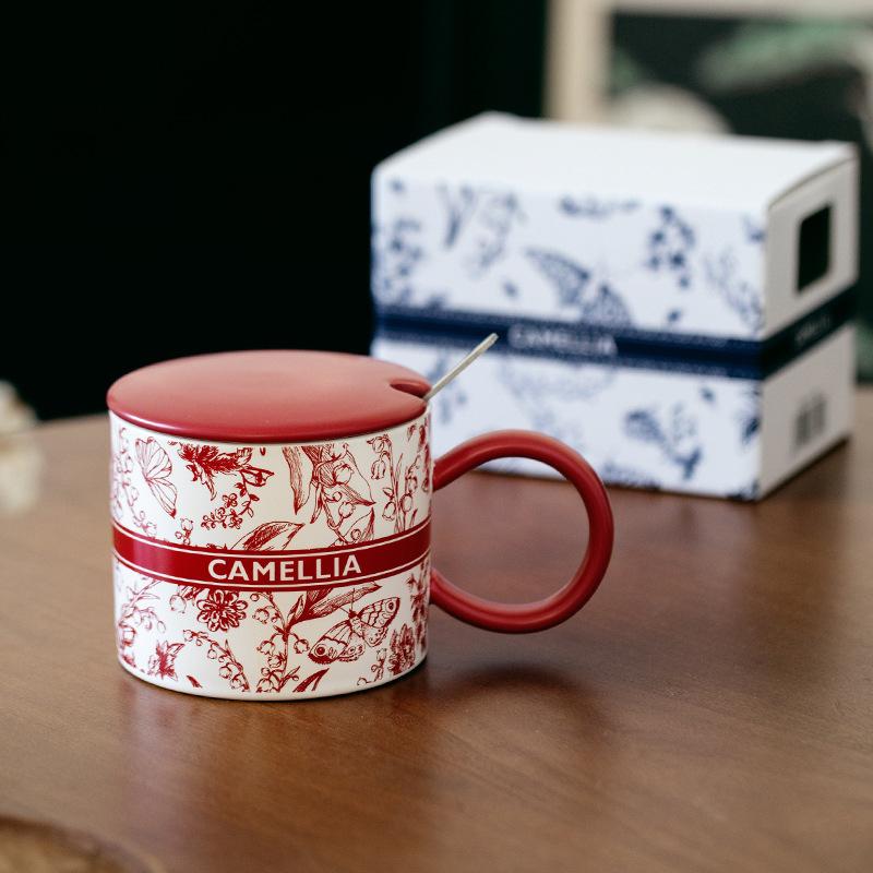 

Ink and Wash Ceramic Mug Home High Precision Retro Pattern Water Cup High End Feeling with Lid Office Drinking Water Cup 380m l