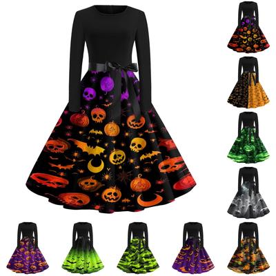 Women's Casual Vintage Halloween Print Dress Long Sleeve Round Neck Retro Style Midi Dress with Waist Tie Belt Suitable for Seasonal Wear