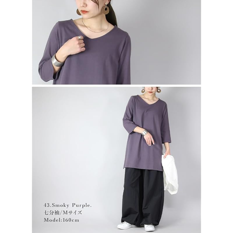 [And It] Made In Japan V-neck A-line Long Cut and Sew Ladies Tops Plain Color 100% Cotton Tunic T-shirt Ron T One Piece M 51 Black (long Sleeve)