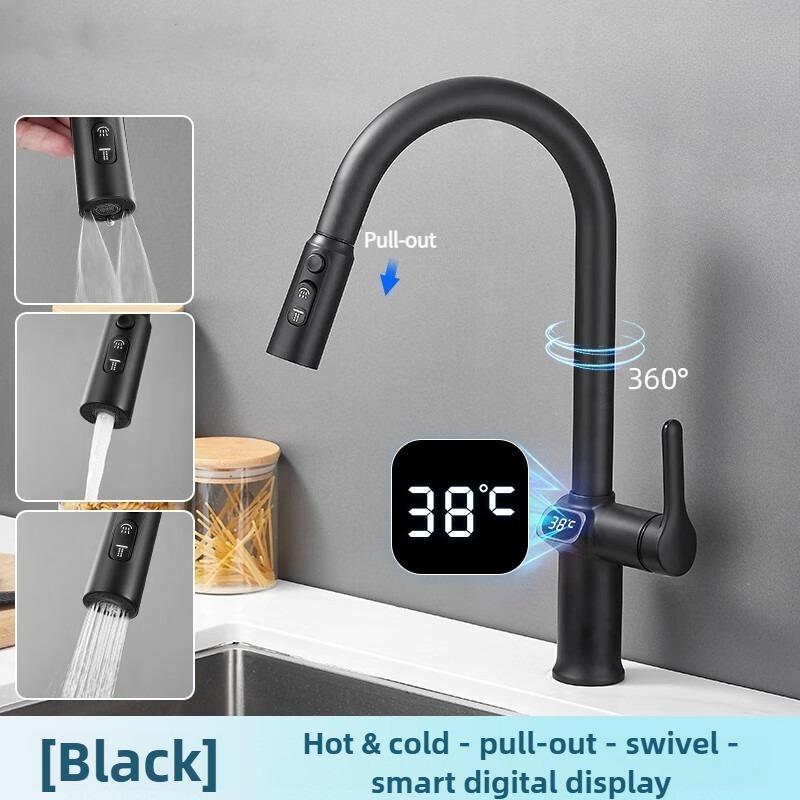 Pull-out Faucet with Digital Display Kitchen Sink Vegetable Basin Hot and Cold Mixer Faucet Pull-out Rotary Faucet Tap чёрный