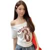 American retro letter print diagonal neck short-sleeved T-shirt women's summer new hot girl off-the-shoulder thin top trendy