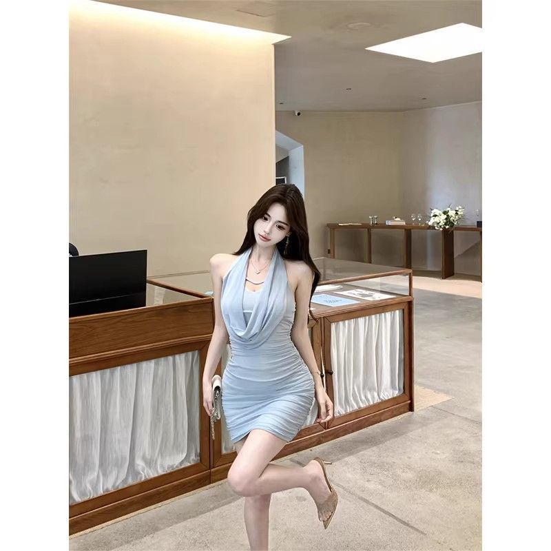Mesh neck sling dress women's summer pure desire spice girl sexy hip skirt high sense v-neck tube top skirt