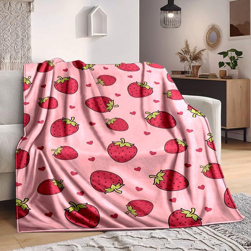 1pc Strawberry Heart Lightweight Flannel Blanket, Comfortable and Warm Blanket, for Office and Camping Sofa Bed037