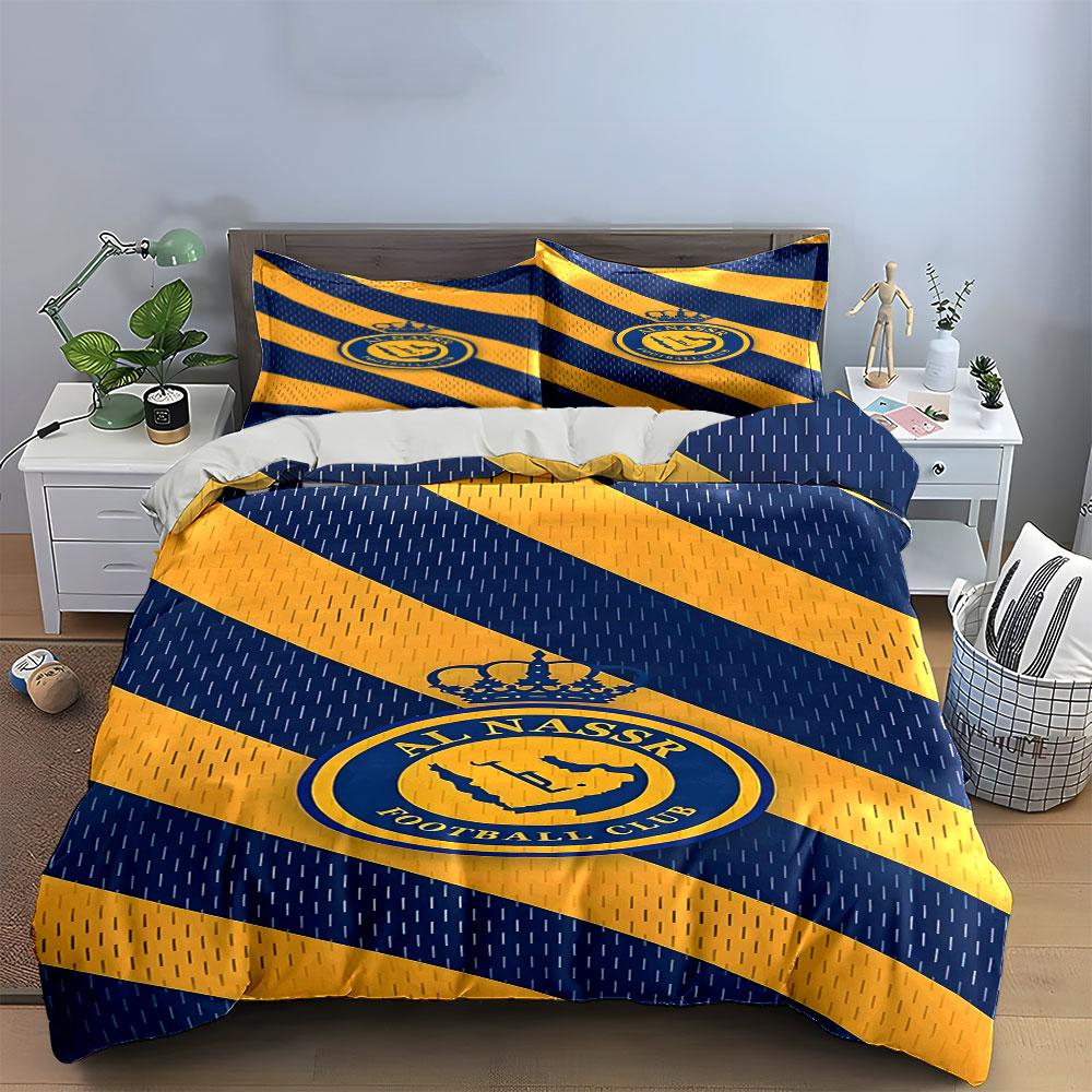 Gelb-blaue Streifen, Al-Nassr-Logo. Bettwäsche-Sets Bettbezug-Sets Bettbezüge Kissenbezüge(1*Bettbezug 2*Kissenbezüge ohne Bettdecke)