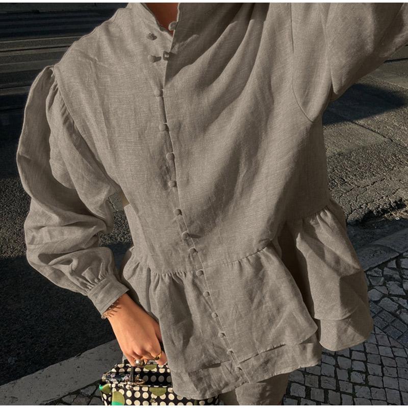 Women's Collar Double Layered Lace Shirt Shorts Set Solid Color Pleated Decoration Women's Summer Set Daily Casual Style Lady Clothes