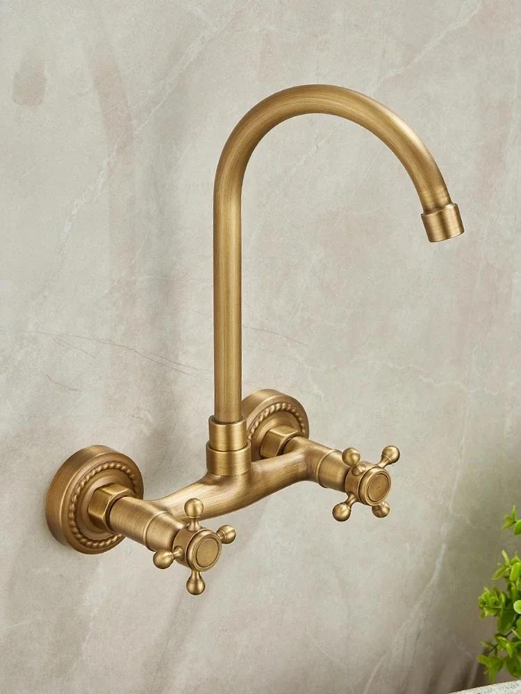 Brass Antique Wall Mounted Washbasin Faucets Double Handle Double Hole Rotatable Wall Mounted Retro Hot and Cold Faucet