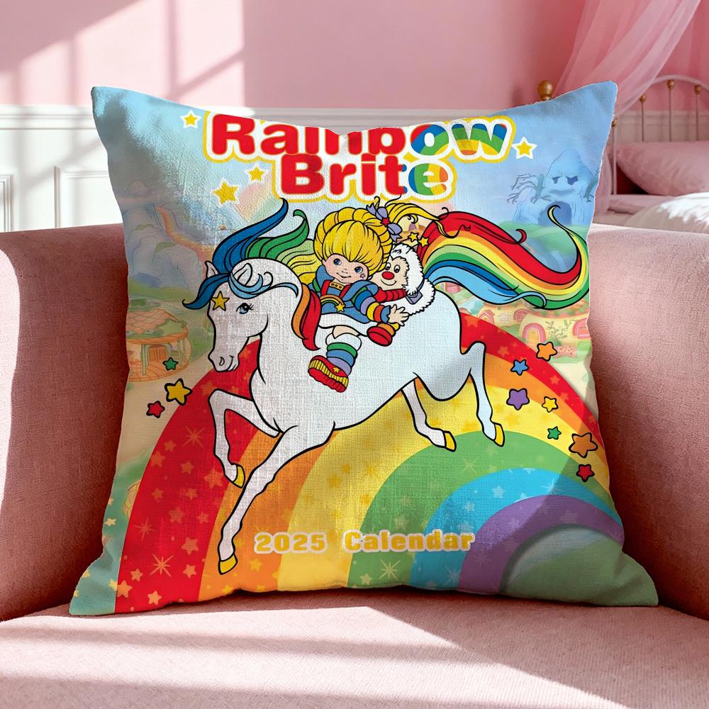 Cartoon RRainbow Brite Cushion Cover Breathable Linen Pillowcase Summer Odorless EcoFriendly Invisible Zipper Washable