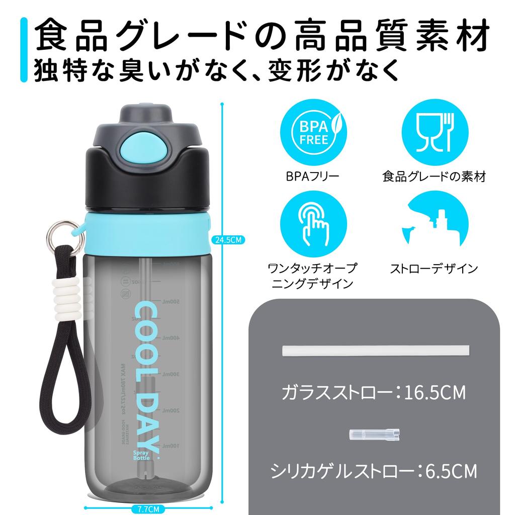 CLICSUN 780ml Water Bottle with Spray Mug and Spray Direct Large Ultra Sports Heatstroke Heat Black Blue Straw, Transparent, Hydration, Drinking,