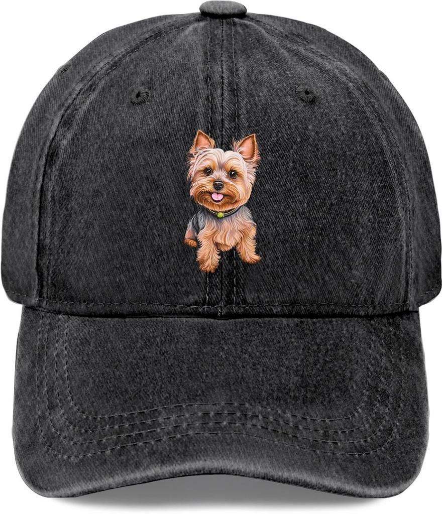 Yorkshire Terrier Dog Print Distressed Baseball Cap Soft Washed Adjustable Casual Outdoor Hat