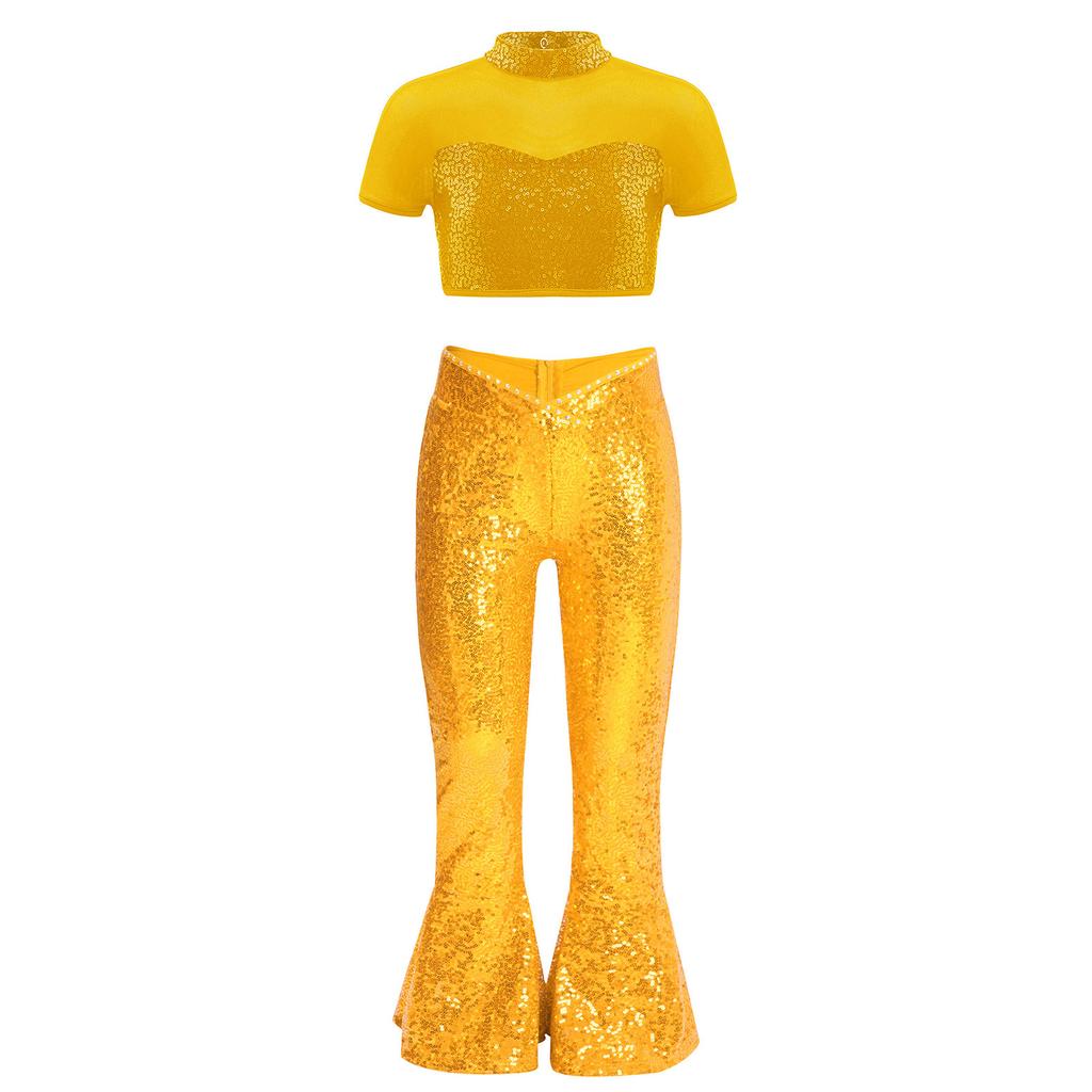 Girls Performance Costume Short Sleeve Mesh Patchwork Cutout Back Sequins Crop Top Sequin Zipper Bell Bottomed Pants