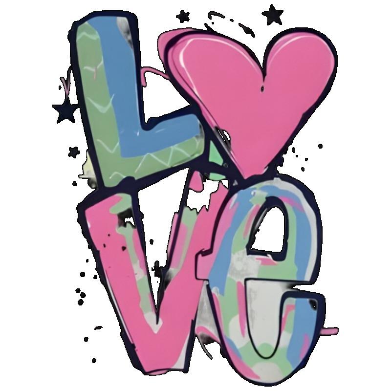 T-shirt à manches courtes pour femmes avec imprimé coloré de lettres "LOVE" style graffiti (Élément Cœur + Accents Étoiles)