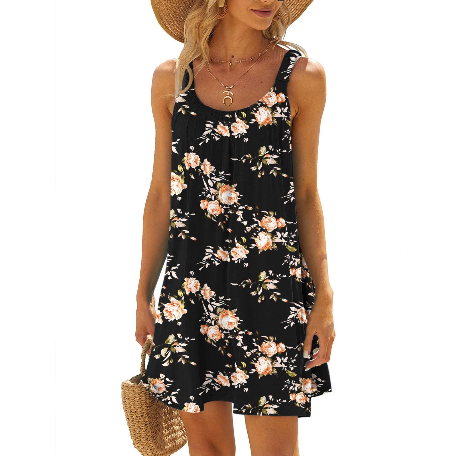 Women s Summer Sexy Suspender  Dress Sleeveless Printed Dress  Sling Dress L чёрный