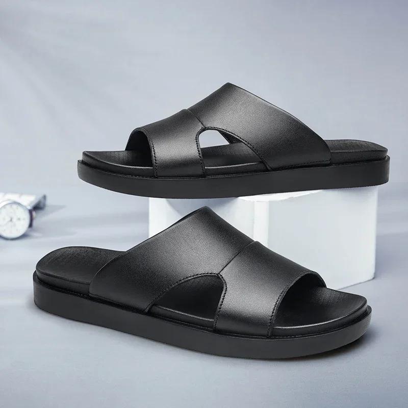 Fashion Luxury Mans Slippers Genuine Leather Men's Summer Shoes Casual Beach Slipper Outdoor Male Home Flip Flops Soft Breathable Shoes