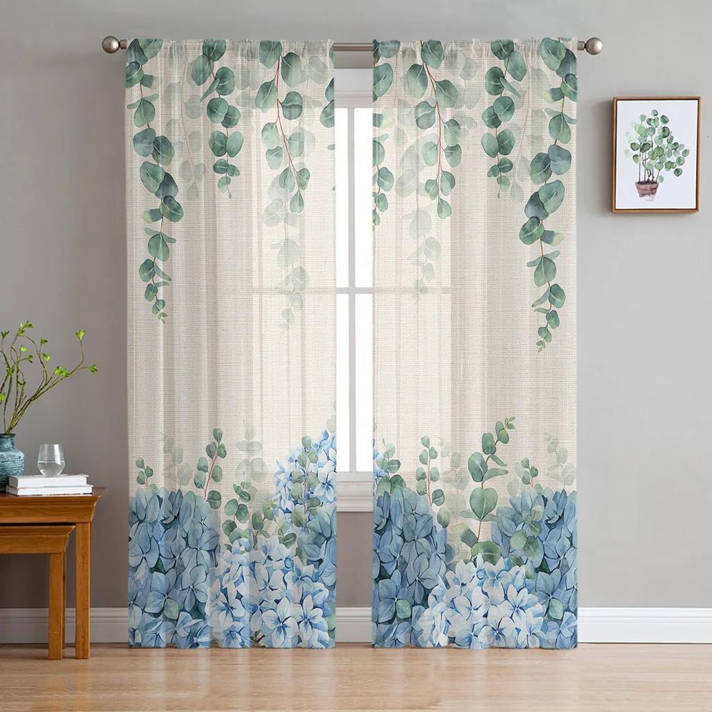 Spring Flowers Hydrangeas Sheer Curtains Transparent Voile Tulle for Bedroom Window Holiday Decoration