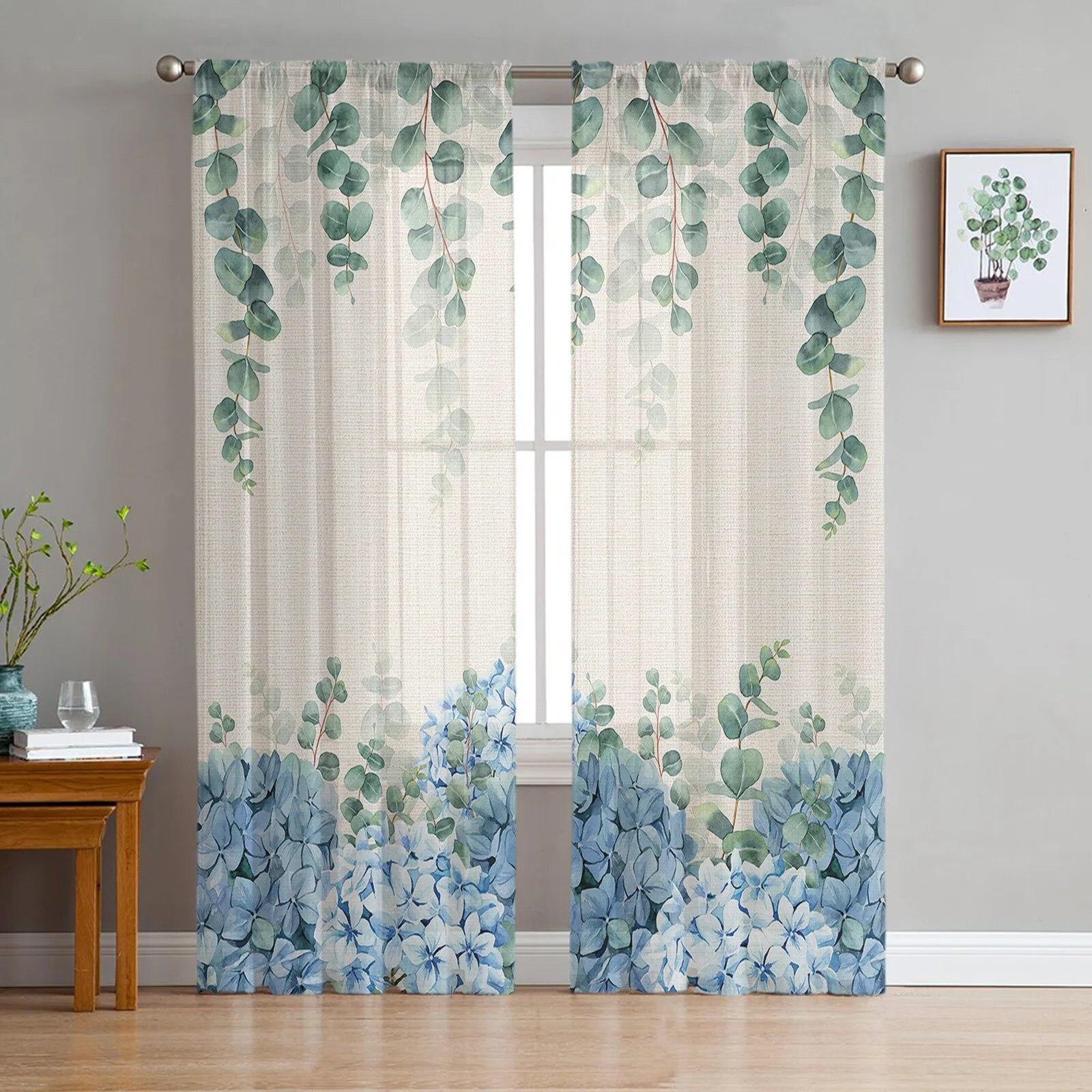 

Spring Flowers Hydrangeas Sheer Curtains Transparent Voile Tulle for Bedroom Window Holiday Decoration 135W x 114H(cm)
