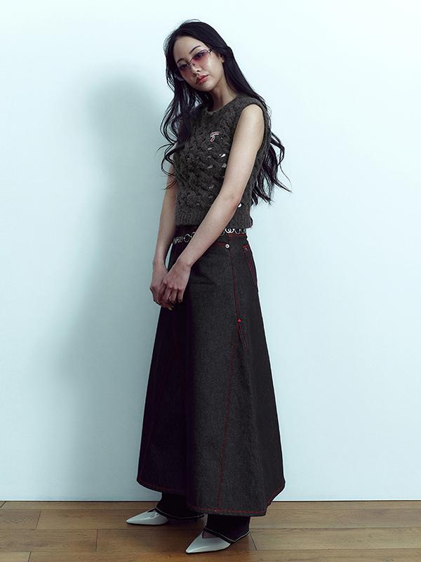 KIRSH X True Religion Stitch Point Denim Wide Skirt [Dark Blue]