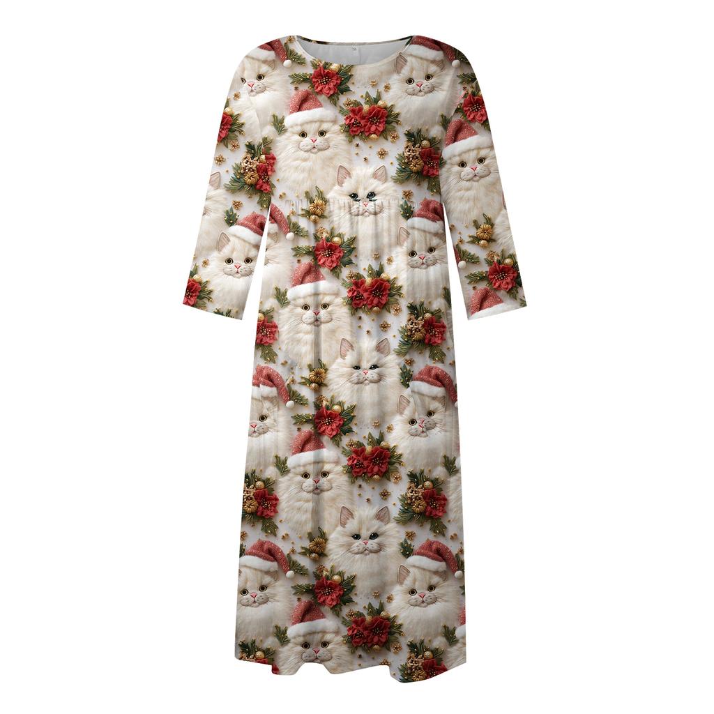 Women's Casual Round Neck Christmas Print Midi Dress Long Sleeve Pocket Dress