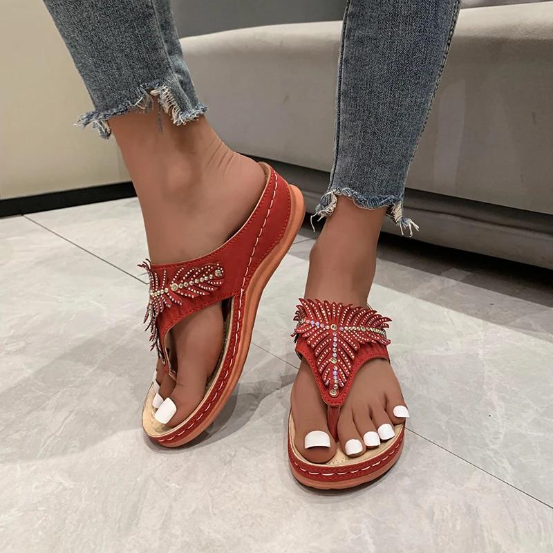 Fashion New Fashion Color Block Open Toe Women's Slippers 2025 Outdoor Flip-Toe Rhinestone Decorated Wedge Comfortable Zapatos De Mujer