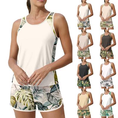 Women’s Two Piece Tankini Set with Tropical Print Sleeveless Top and Swim Shorts for Beach or Pool Activities