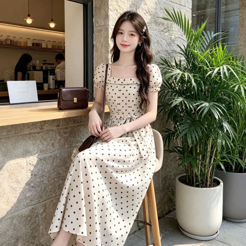 Large Size Fat Mm Bubble Sleeve Polka Dot Dress Women's Summer Dress Seaside Vacation Long Skirt