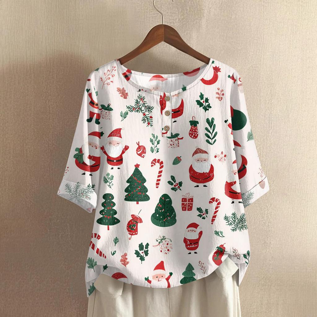 Kadın Modası Ve Günlük Gömlek Yarım Kollu Yuvarlak Yaka Noel Baskılı Pamuk Ve Keten Bluz Üst