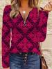 Women's Casual Pattern Tops - Retro Pattern Printed Zipper V-neck Long-sleeved Top, Made of Elastic Polyester