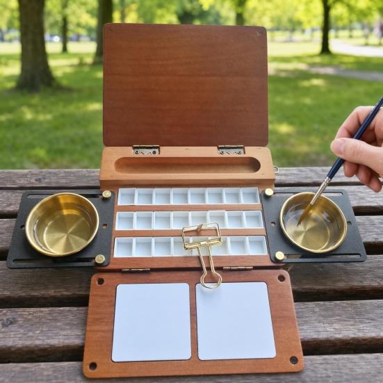 24-Fächer Aquarellpalette Box, Reise-Farbpalette mit Pinselhaltern, Zwei Mischflächen, Tragbare Holz-Farbkasten für Malen im Freien, Studio