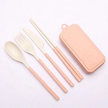 4Pcs Wheat Straw Dinnerware Set Portable Tableware Knife Fork Spoon Chopsticks Set Travel Cutlery Eco-Friendly Utensil Box
