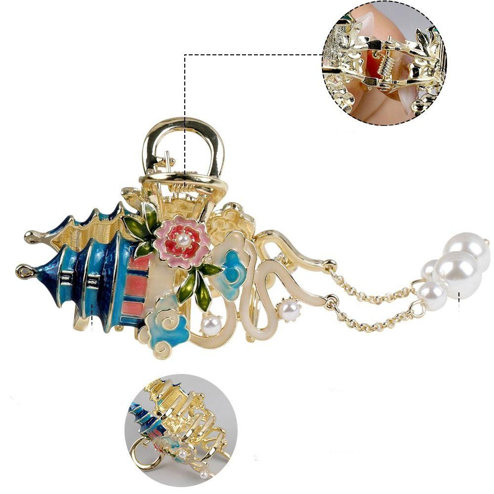 Pearl Cheongsam Design Hair Clip Tassels Metal Shark Clip Exquisite Chinese Style Hair Claw  Female