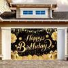 Of Elegant Happy Birthday Anniversary Banner, Hard-wearing Polyester, Gold & Black Theme with Balloons, Stars, Champagne Motif, Perfect for Party,