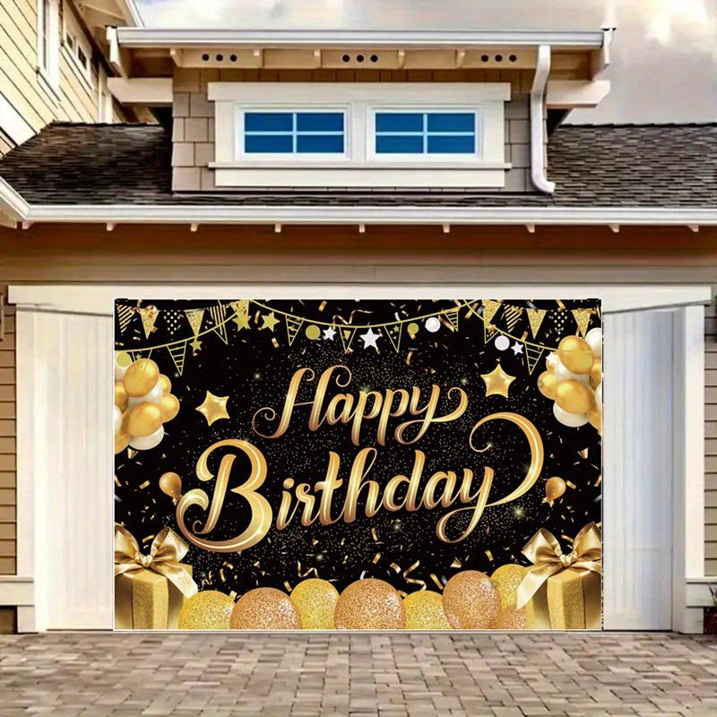 Of Elegant Happy Birthday Anniversary Banner, Hard-wearing Polyester, Gold & Black Theme with Balloons, Stars, Champagne Motif, Perfect for Party,