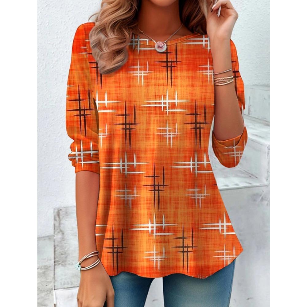 Oberteile für Damen Geometrisches Muster Print Rundhals Langarm T-Shirt Herbst Lässig Schlanker Pullover Damen Langarm Oberteil