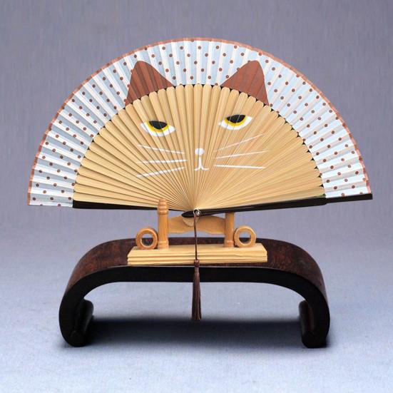 Cartoon Cat Folding Fan Japanese Style Wooden Hand Held Fan