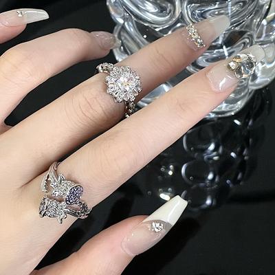 Blumen-Nischen-Design Kaltwind Hoher Sinn Diamantbesetzt Lila Zirkon Ring Damen Hoher Sinn Offener Ring