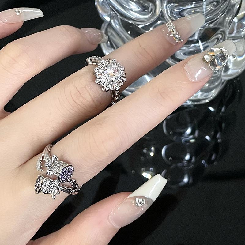 Flower Niche Design Cold Wind High Sense Diamond Set Purple Zircon Ring Women High Sense Open Ring