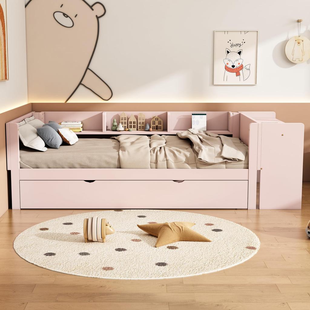 Slaapbank gestoffeerd bed 90 x 200 cm, Uittrekbed met wielen, met bureau, drie planken aan de zijkant van het bed, Zonder matras