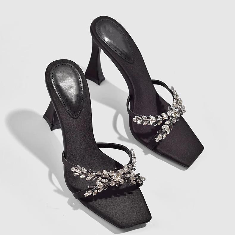 2025 Summer European and American Satin Thin Heel Cross Rhinestone Square Head Open-toed Sandals Women's High-heeled Slippers Fashionable and Sexy