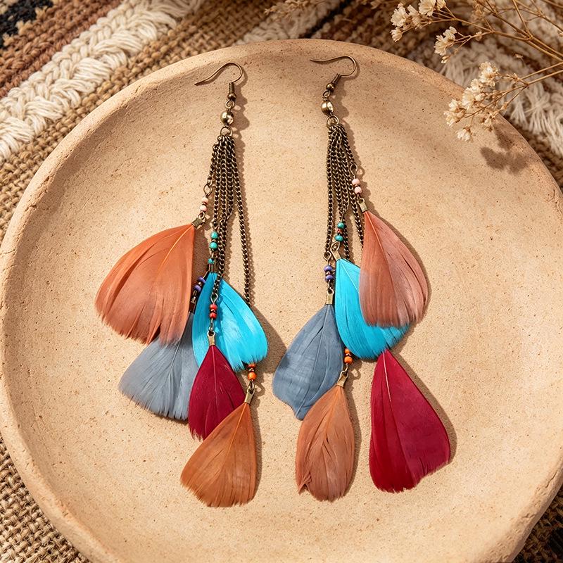 Orecchini Bohemien Vintage Foglia Piuma - Ganci ad Anello a Catena Lunga Stile Etnico per Donna