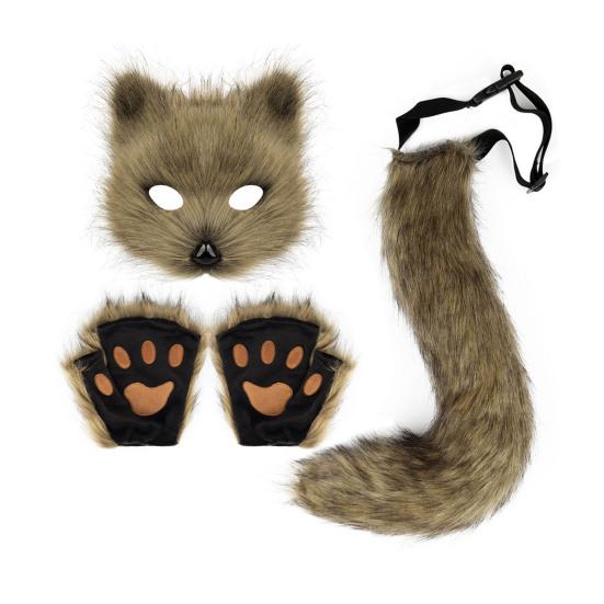 Furry Therian Kostýmová sada pro dívky ženy ocas z umělé kožešiny plyšová maska nadýchané tlapkové rukavice sada liška kočka vlk zvíře cosplay doplňky