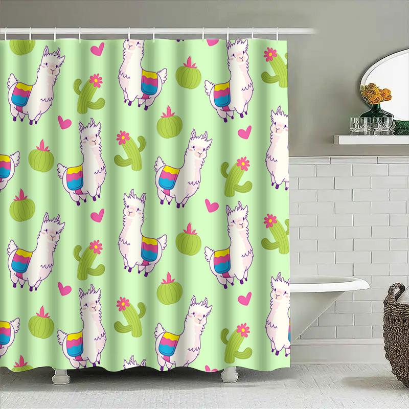 Chic Llama Print Shower Curtain For Bathroom Decor Cute Green Cactus Pink Hearts Design Home Decoration Waterproof Fabric Shower