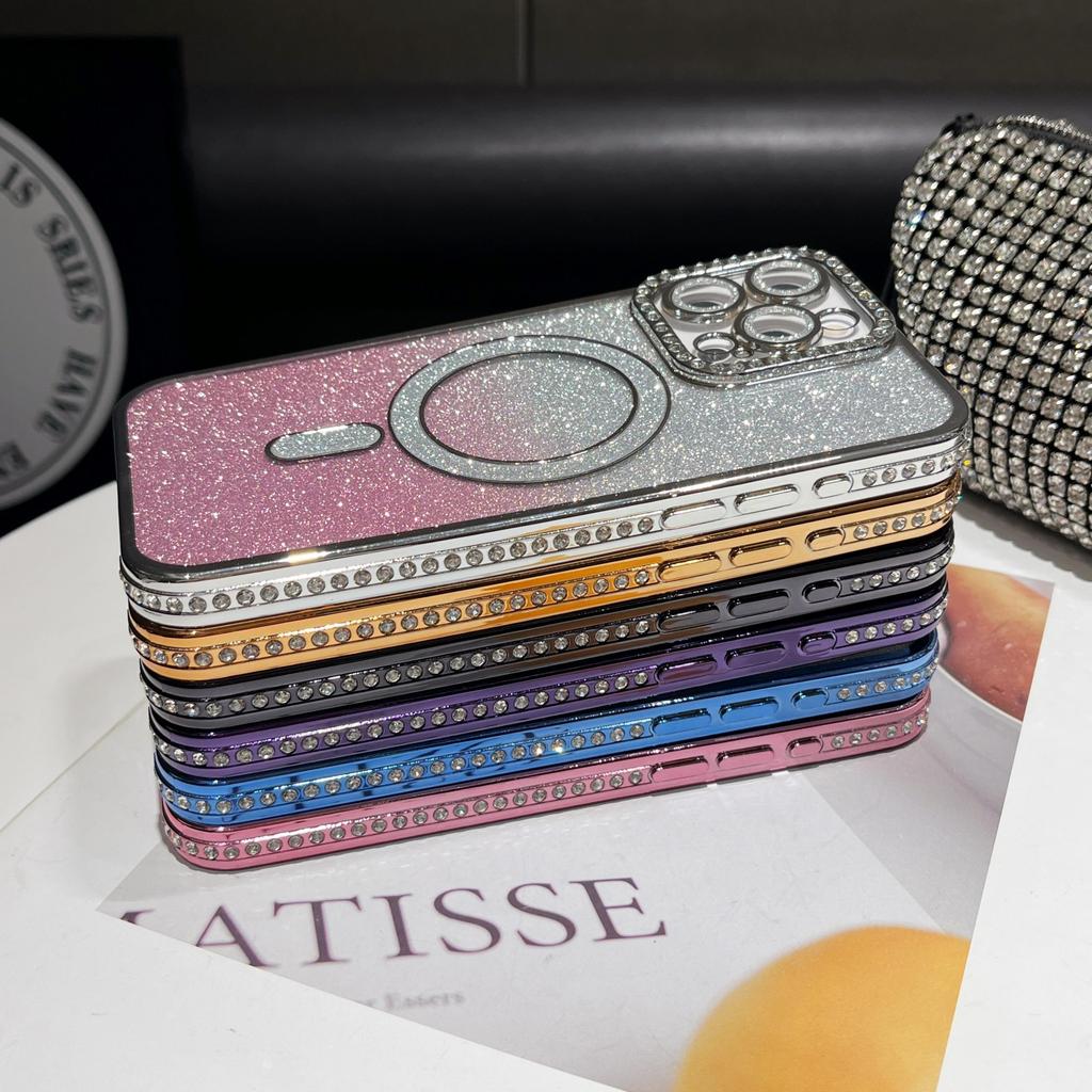 Plating Glitter Bling Diamond Camera Lens Protector Bumper Phone Case For iPhone 17 Air 16 15 14 Pro Max Samsung S25 S24 S23 Magnetic Protective Cover