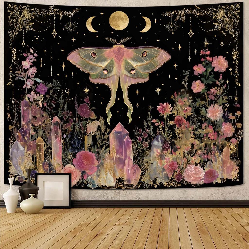 Cottagecore Celestial Butterfly Tapestry, Retro Mushroom & Moon Print with Snails, Bohemian Wall Art for Nature & Witchy Homes