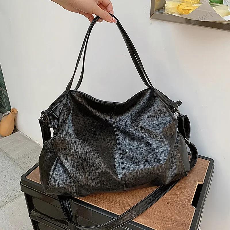 Genți mari negre de umăr pentru femei, geantă mare hobo shopper, culoare solidă, piele moale de calitate, geantă de mână crossbody, geantă tote de călătorie pentru damă