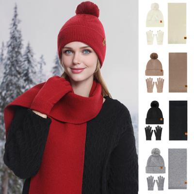 3-teiliges/Set Damen Hut Schal Handschuhe Set Doppellagiger Samt Plüschbommel Hut Kalt
