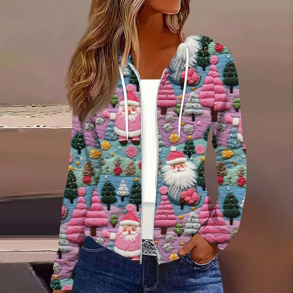 Women's Fashion Christmas Print Casual Zip-Up Long-Sleeved Hooded Jacket
